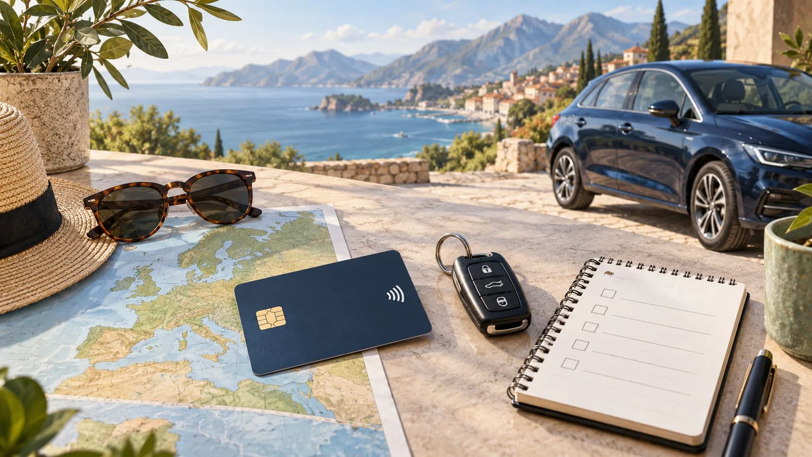 Illustration of an unbranded debit card, car key and blank deposit checklist beside a navy hire car