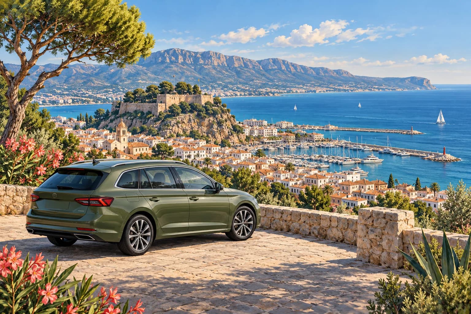 Dénia car hire illustration showing an olive estate rental car at a paved lookout above a Mediterranean harbour, coastal town and stone hilltop castle.