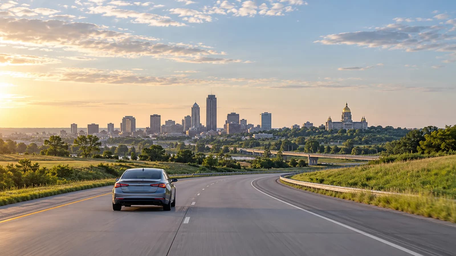 Des Moines rental car illustration with an unbranded car, green prairie and a distant capitol dome.