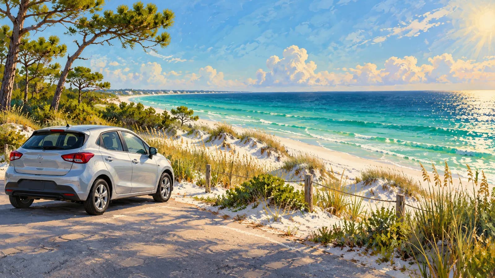 Destin area car rental illustration showing an unbranded car near white dunes and emerald Gulf water.