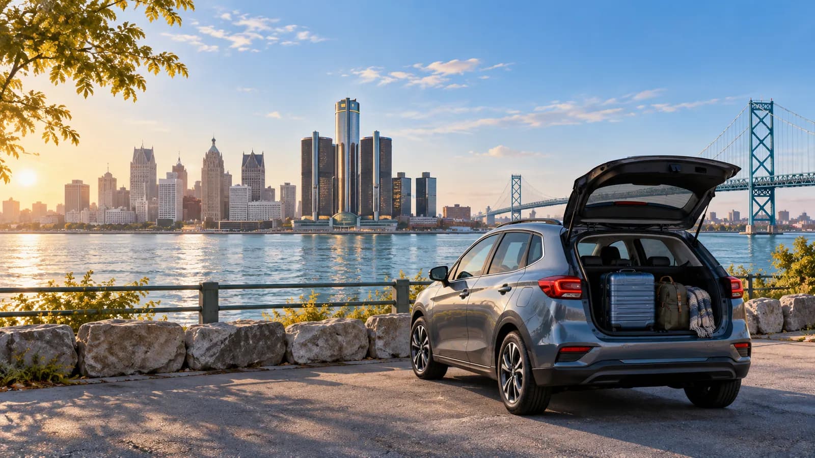 Detroit Metro car rental illustration showing an unbranded car overlooking the Detroit River and distant city skyline.