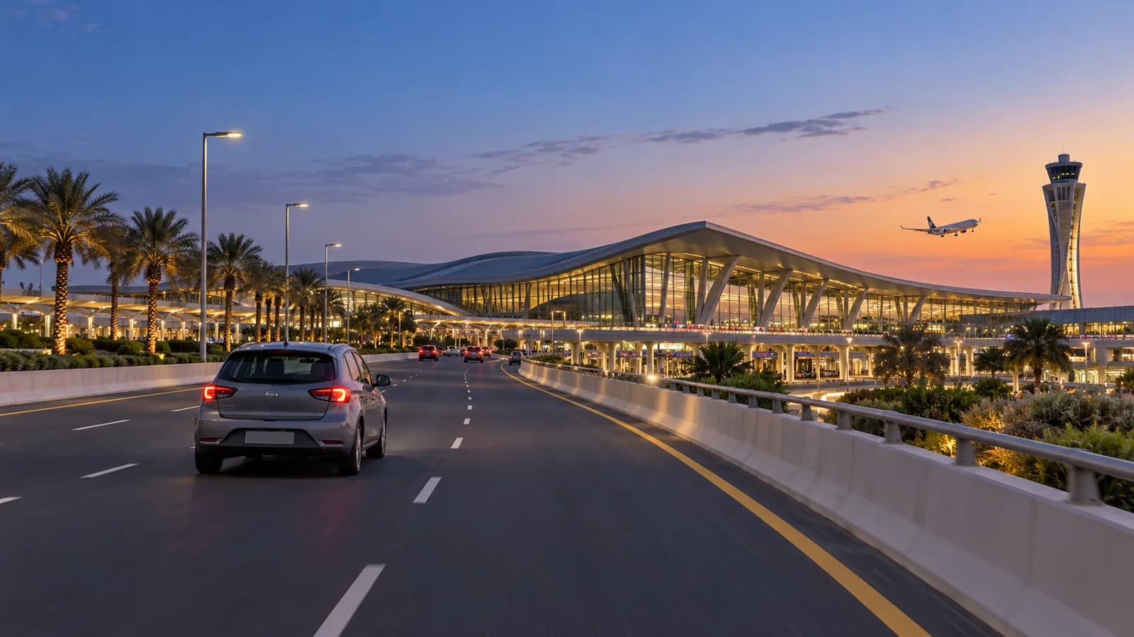 Doha Airport car hire illustration of an unbranded car on a modern airport approach road at dusk.