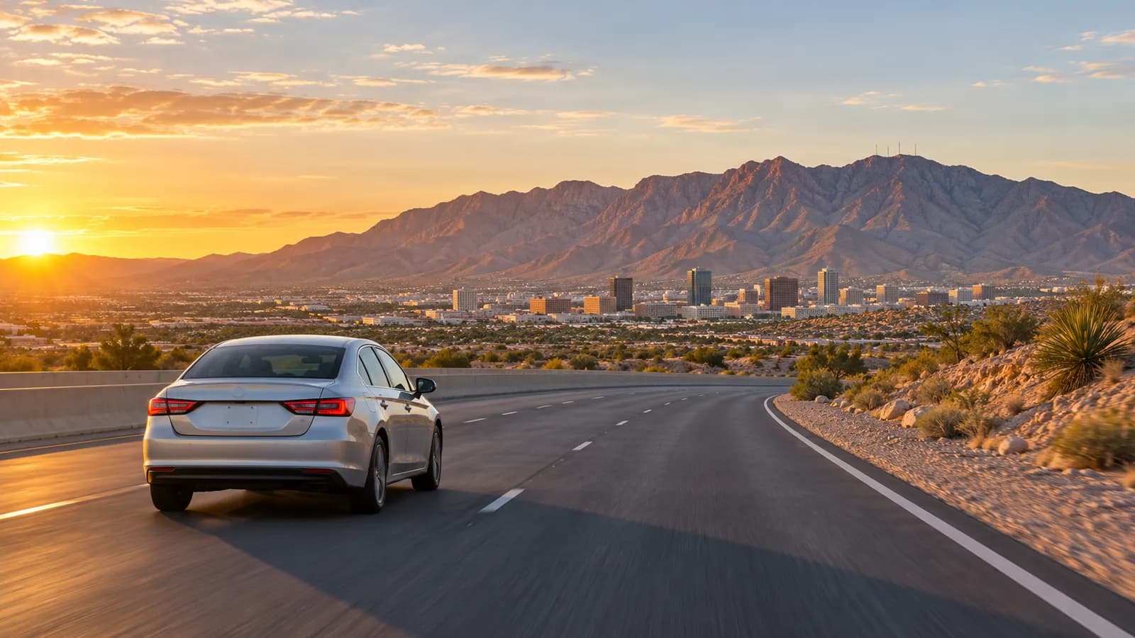 El Paso rental car illustration with an unbranded car and the Franklin Mountains at sunrise.