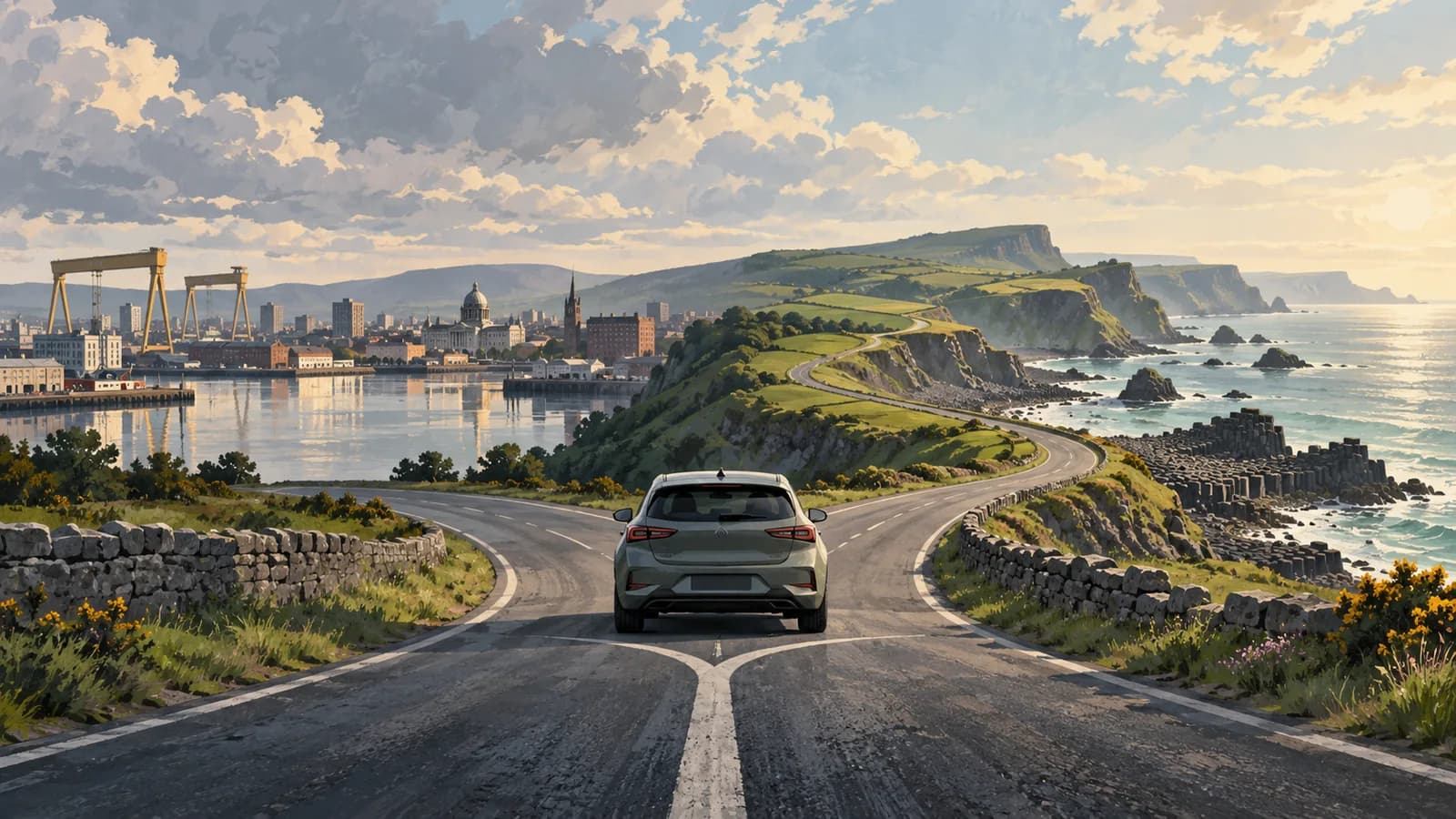 Illustration of a car at a fork between a Belfast-style waterfront and the Northern Ireland coast.