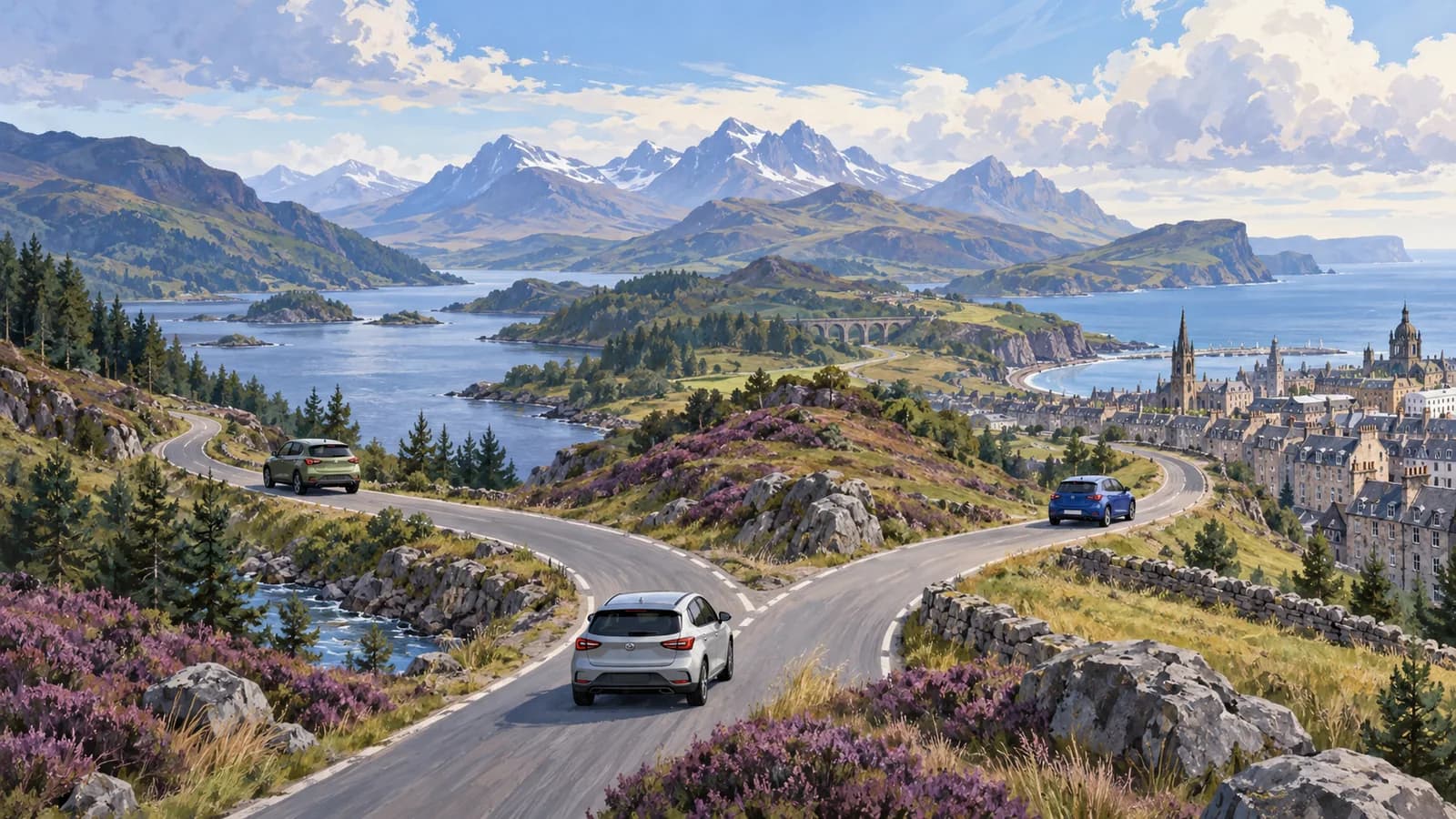Illustration of cars taking branching roads through a stylised Scottish loch and mountain landscape.