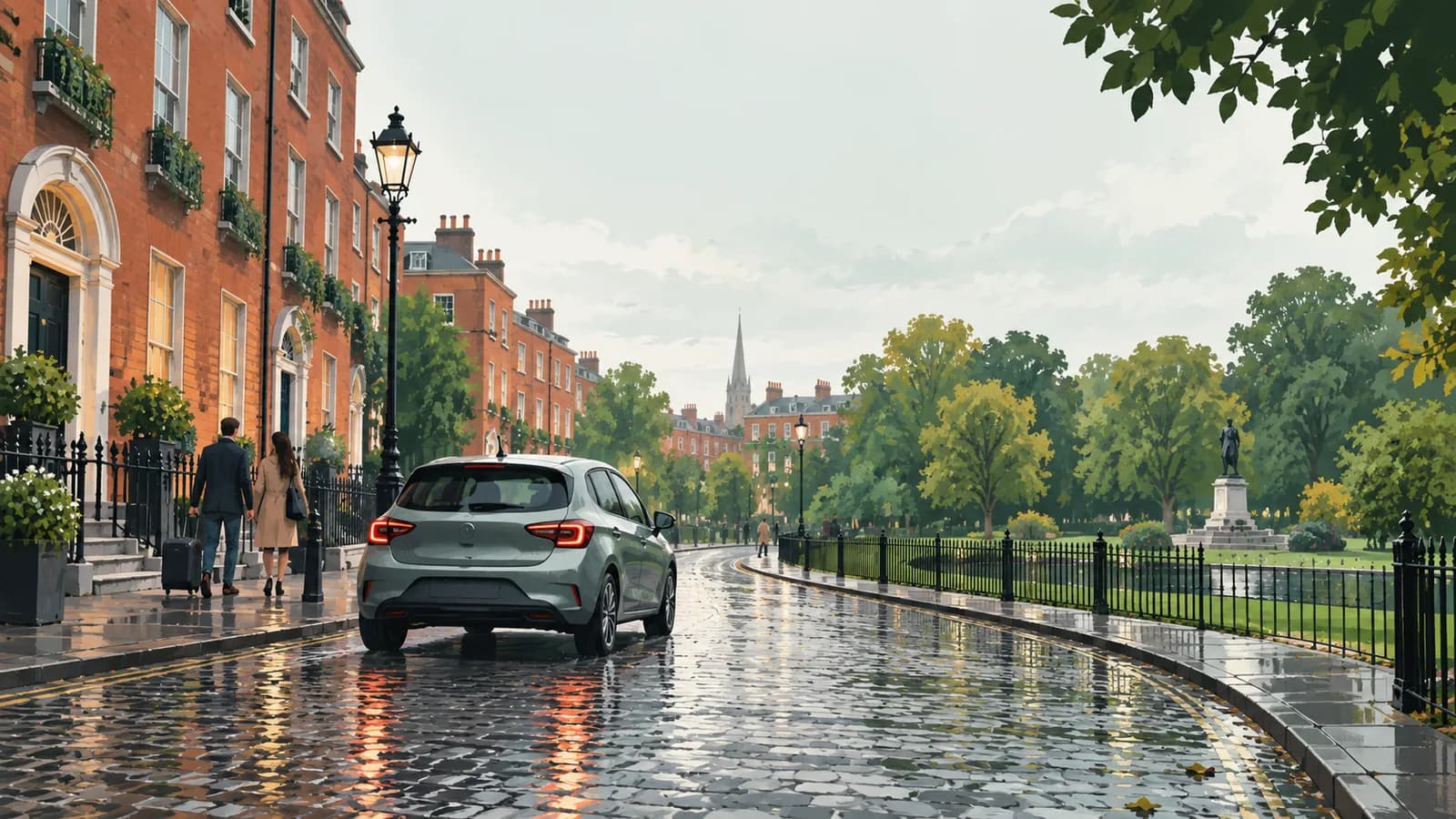 Illustration of an unbranded car beside Dublin-style red-brick streets and a green square after rain.