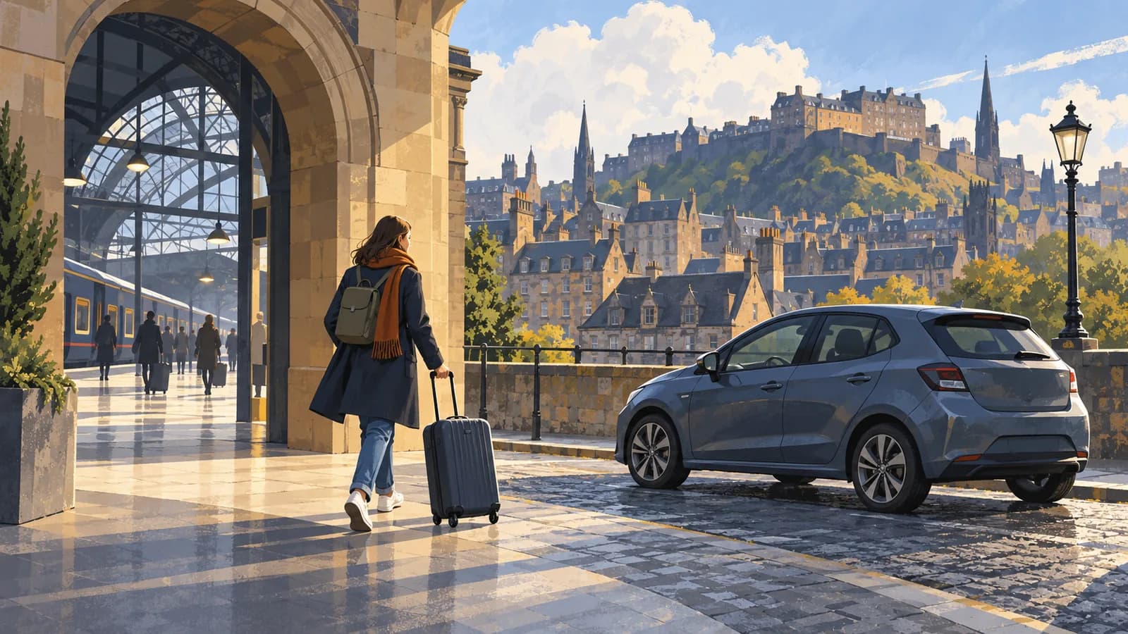 Illustration of a traveller with luggage by a rail arch and car against an Edinburgh-style hilltop skyline.
