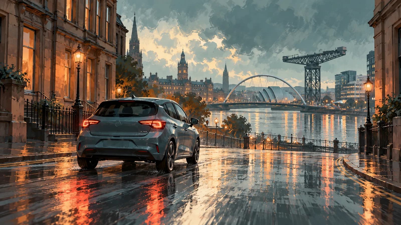 Illustration of a car on a rain-lit Glasgow-style street beside a river and bridge.