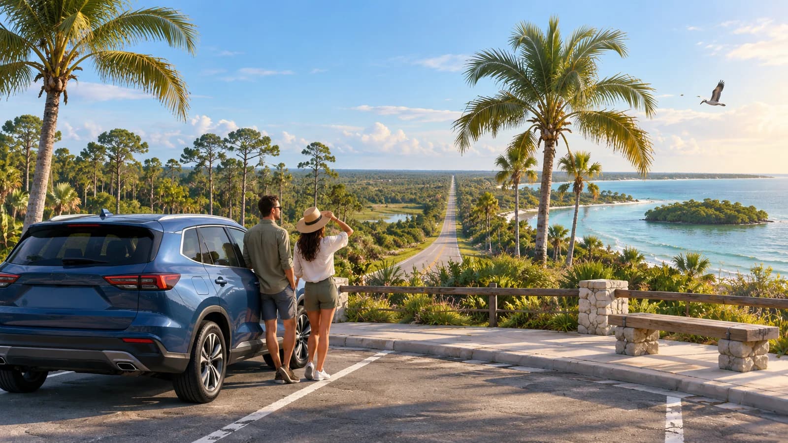 Illustration of a blue rental SUV beside Florida palms with inland road and coastal water beyond