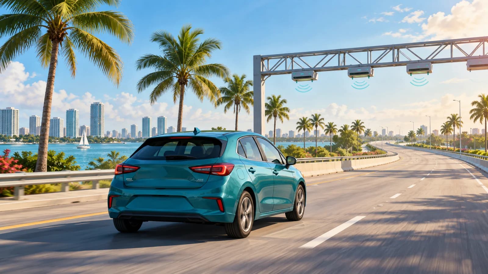 Illustration of a teal rental car approaching a generic Florida electronic toll road beneath palms