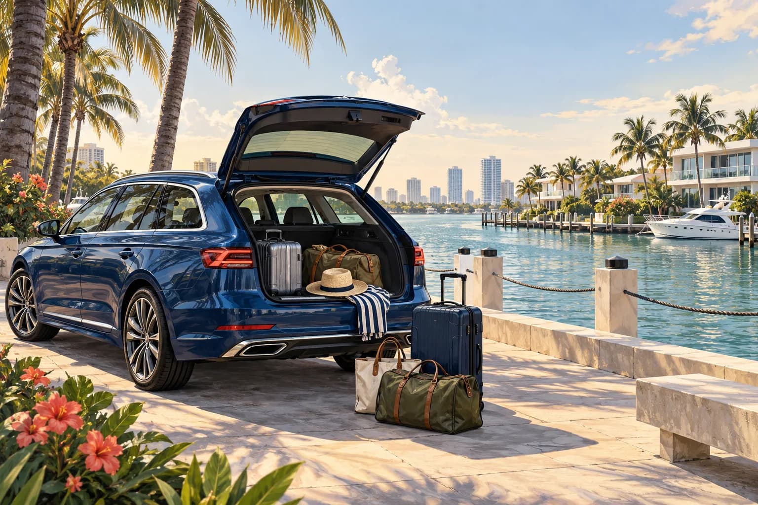 Fort Lauderdale travel illustration showing a navy rental estate car and luggage beside a paved waterfront turnout, canal, palms and skyline.