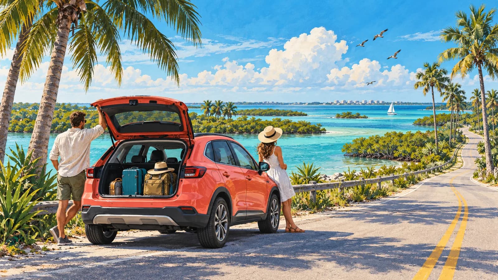 Southwest Florida travel illustration showing a coral rental SUV and travellers with luggage beside palms, mangroves and coastal water.