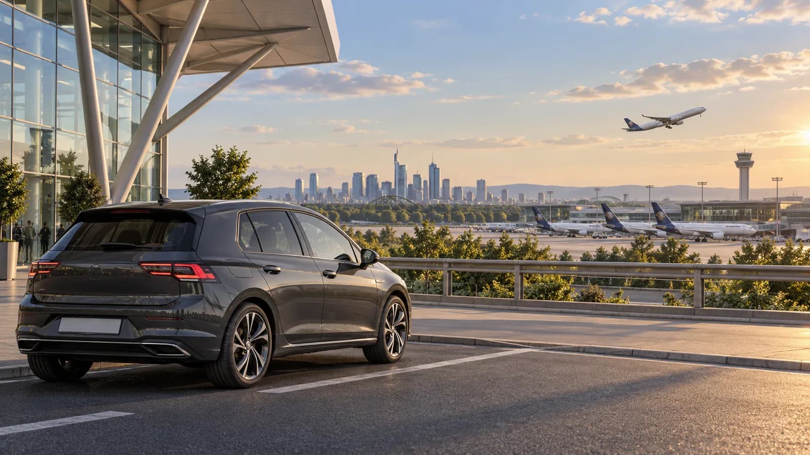 Conceptual Frankfurt Airport illustration showing a charcoal rental car beside a modern terminal canopy with the city skyline beyond the airfield.