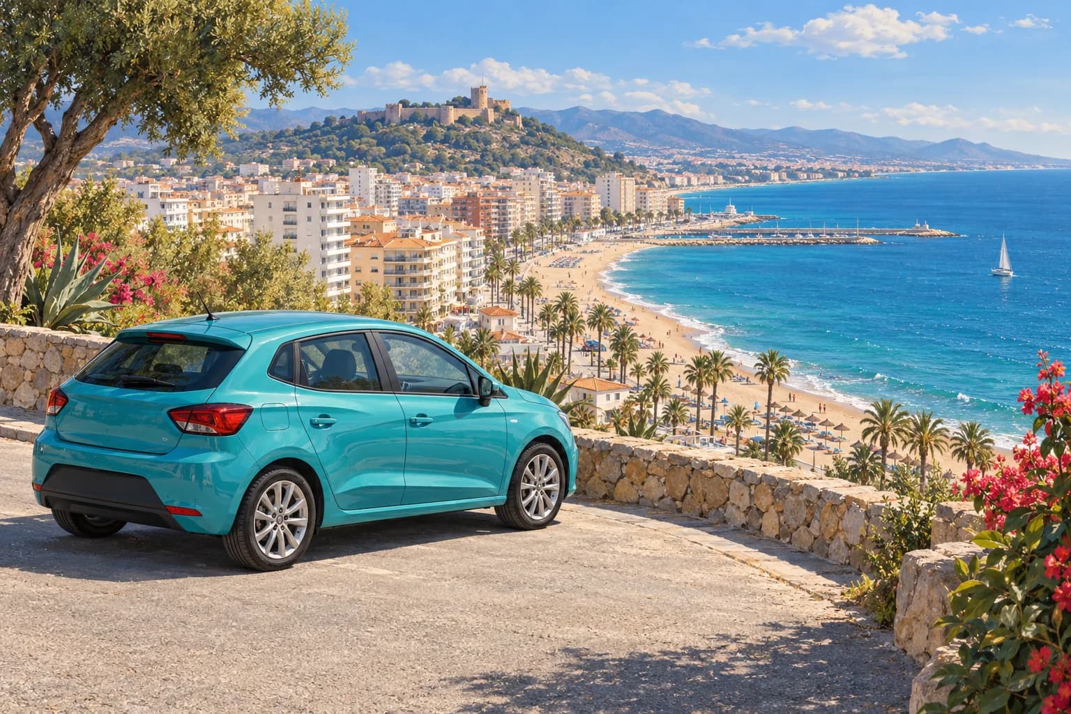 Fuengirola car hire illustration showing a teal compact rental car at a paved coastal lookout above sandy beaches, palms and southern Spanish resort buildings.