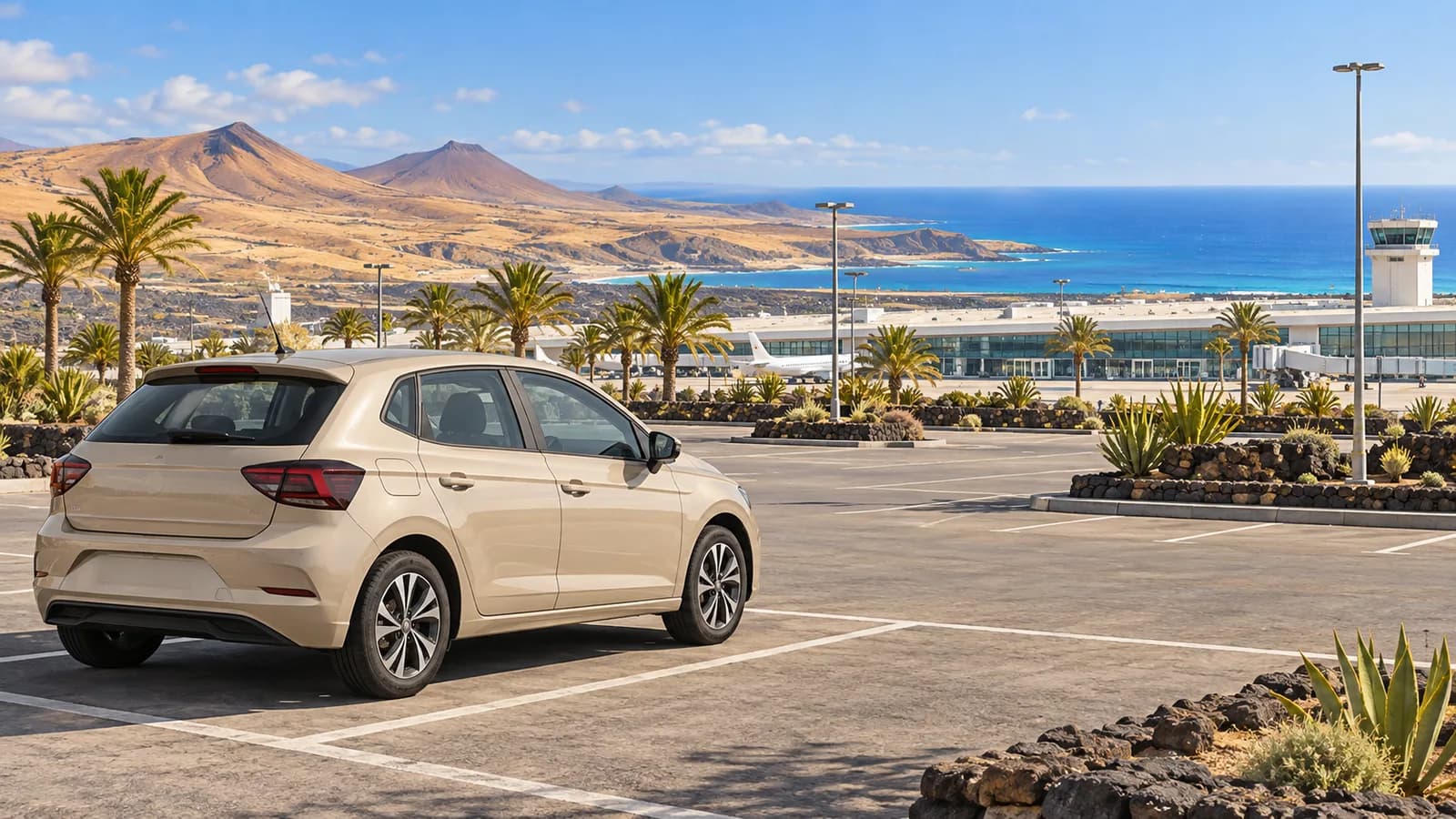 Illustration of a sand-coloured compact car at a conceptual Fuerteventura airport car park with arid hills and sea beyond