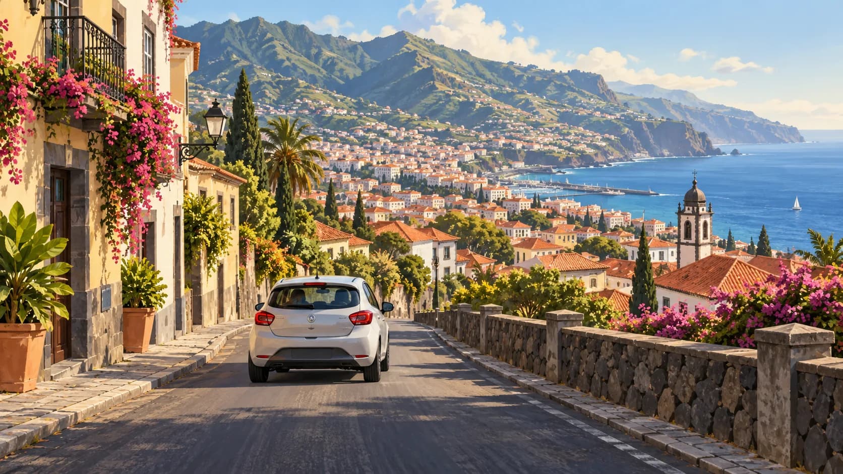 Car hire illustration showing car on a hillside Funchal street overlooking rooftops, Madeira mountains and sea.