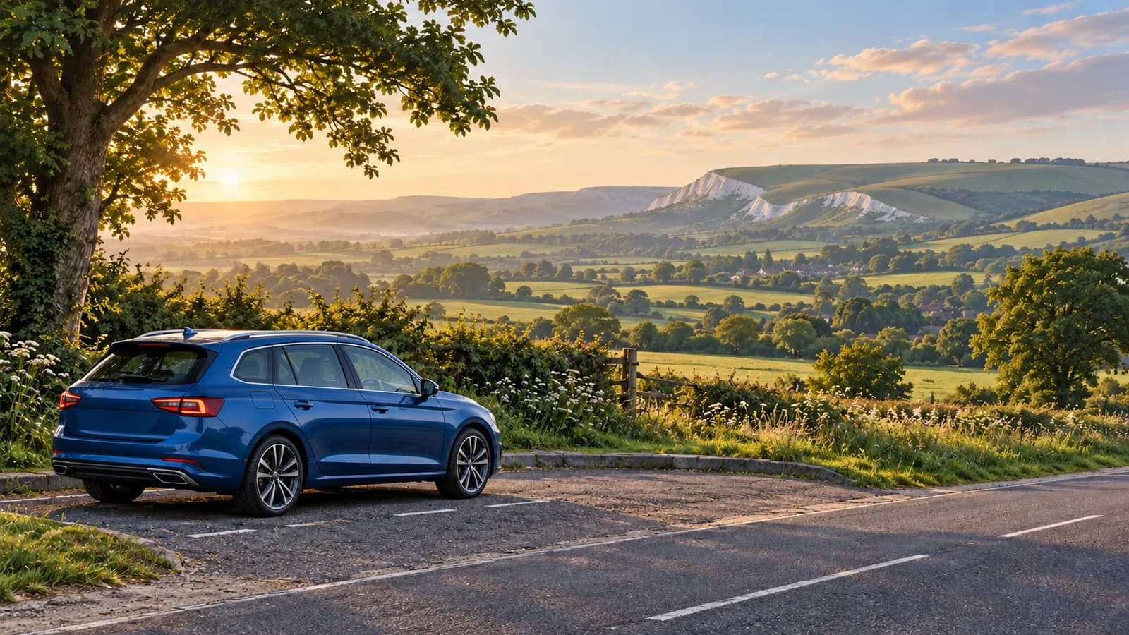 Gatwick travel illustration showing a blue rental estate car in a paved countryside parking bay overlooking green Sussex hills and hedgerows.