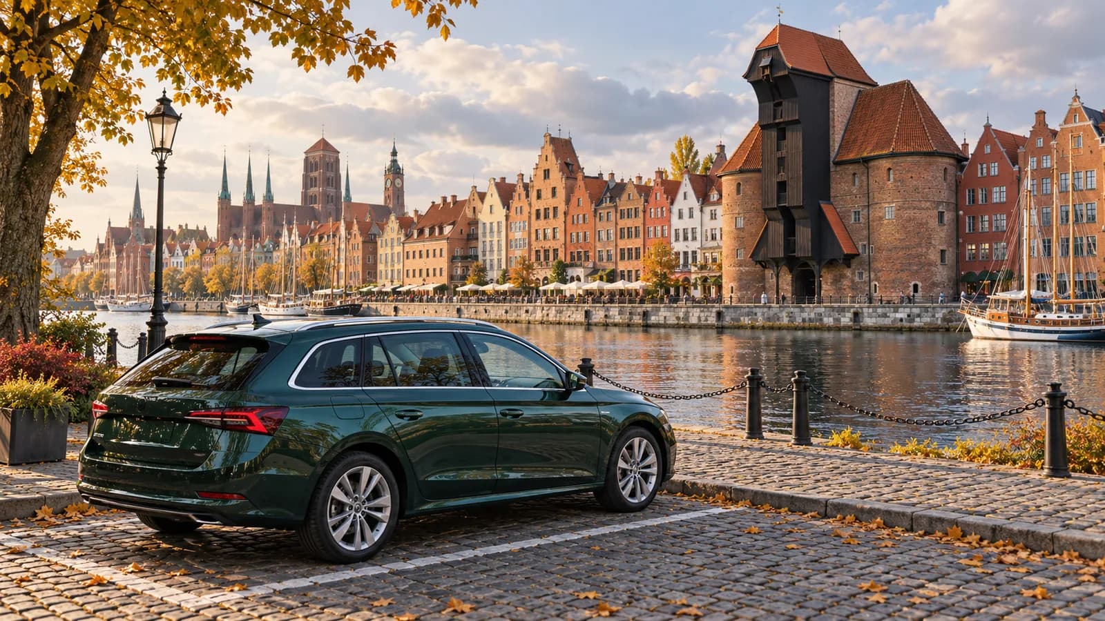 Gdańsk travel illustration showing a forest green rental estate car beside the Motława river, gabled houses and the historic waterfront crane.