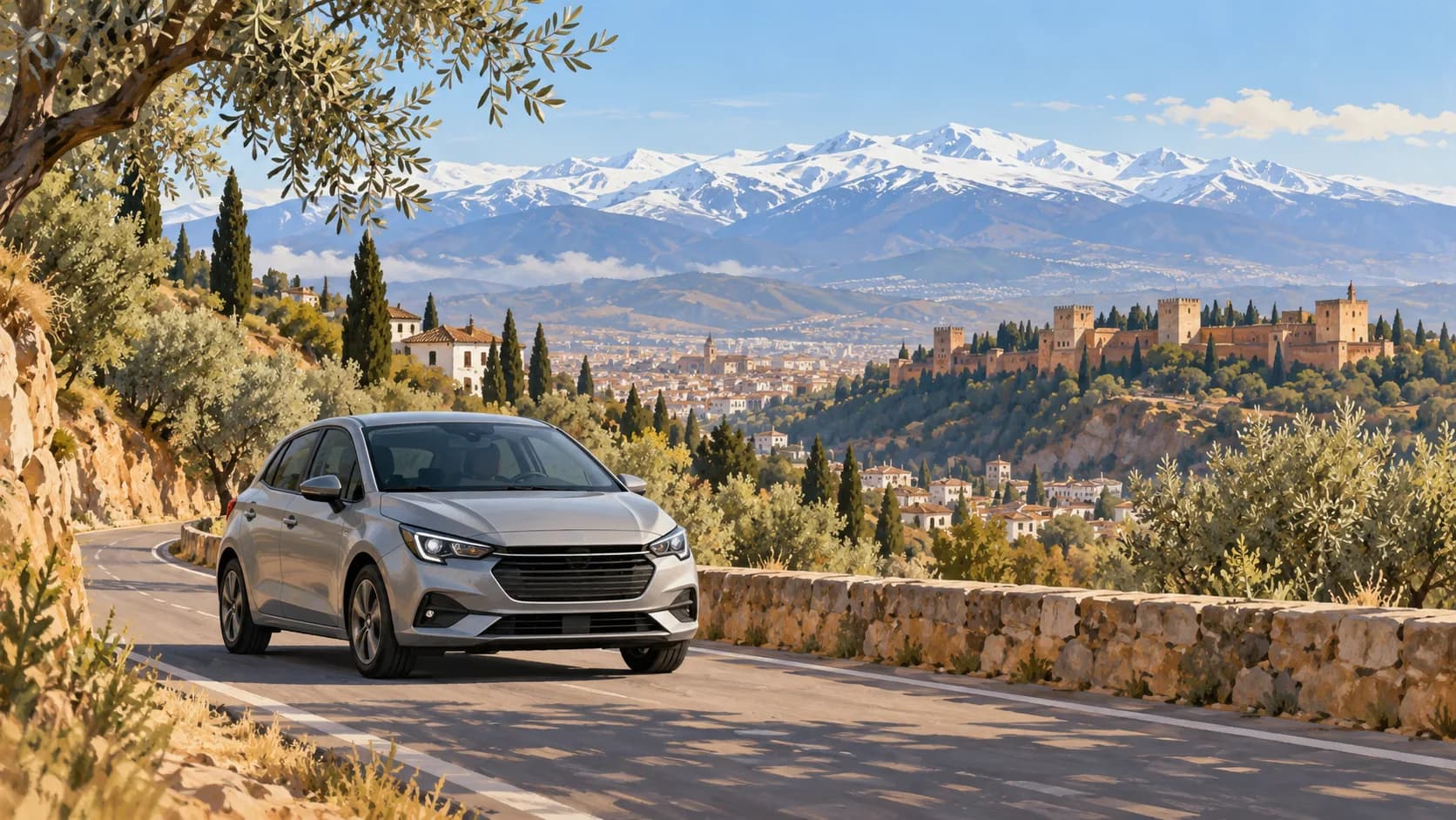 Car hire illustration showing compact car on an Andalusian road with Granada and the Sierra Nevada beyond.
