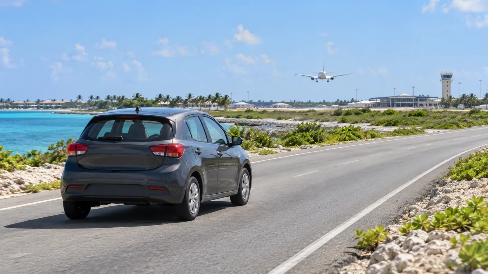 Grand Cayman Airport car rental illustration showing an unbranded car on a low Caribbean island road.