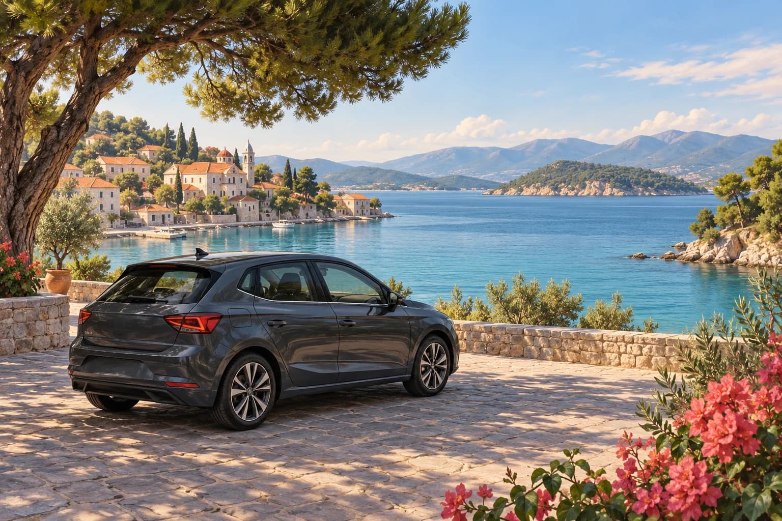 Halkidiki car hire illustration showing a navy estate rental car at a paved coastal turnout among olive trees, a Greek village and a blue inlet.