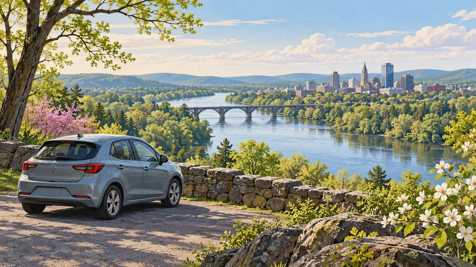Bradley Airport car rental illustration showing an unbranded car above the Connecticut River valley and wooded hills.