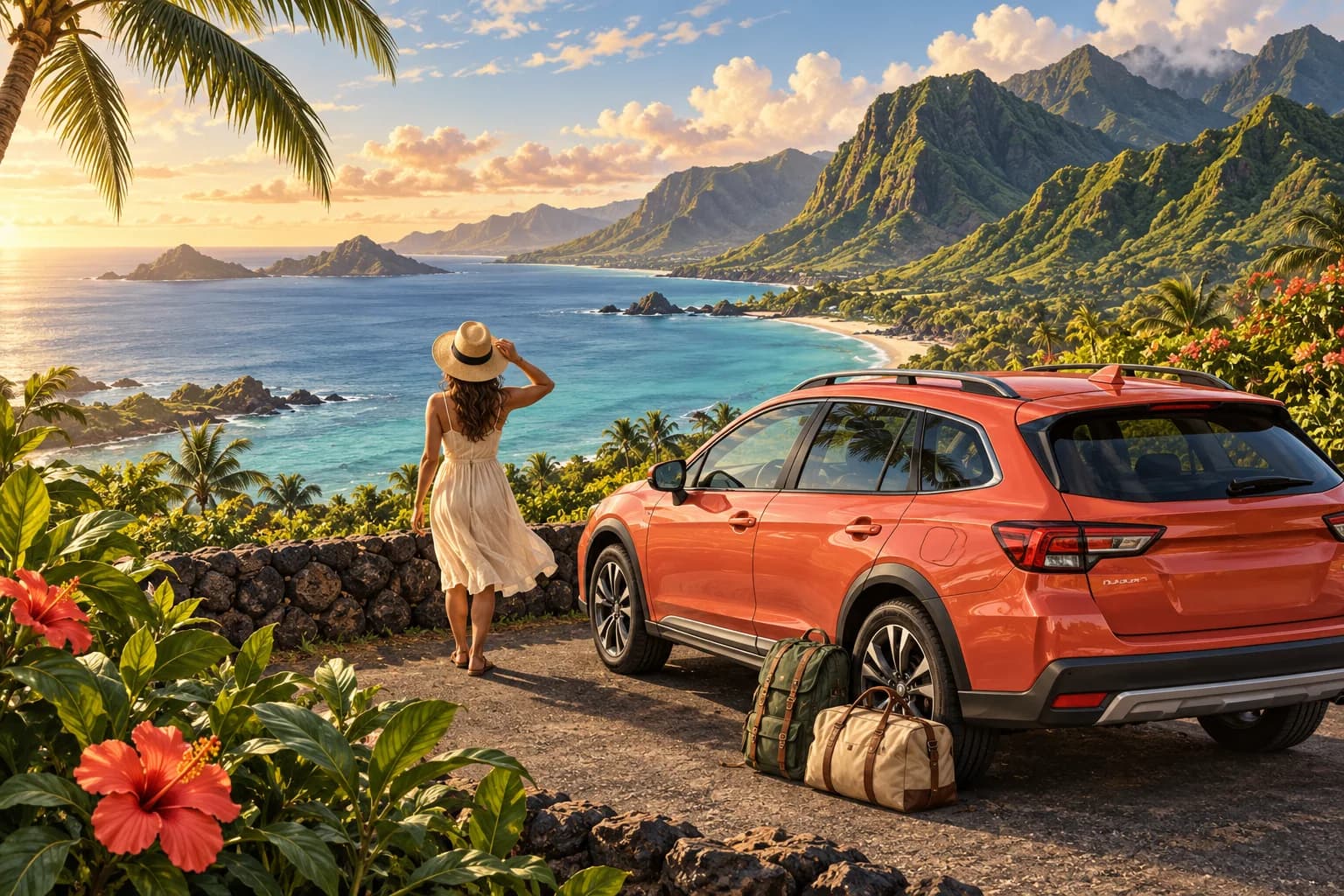 Hawaii island car rental illustration showing a coral SUV, luggage and a traveller beside a paved lookout above a blue bay and green volcanic mountains.