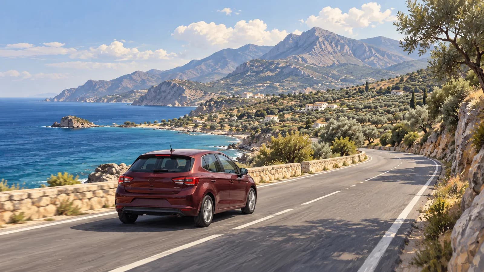 Illustration of a burgundy compact hire car travelling along a Cretan coastal road beside olive groves and mountains
