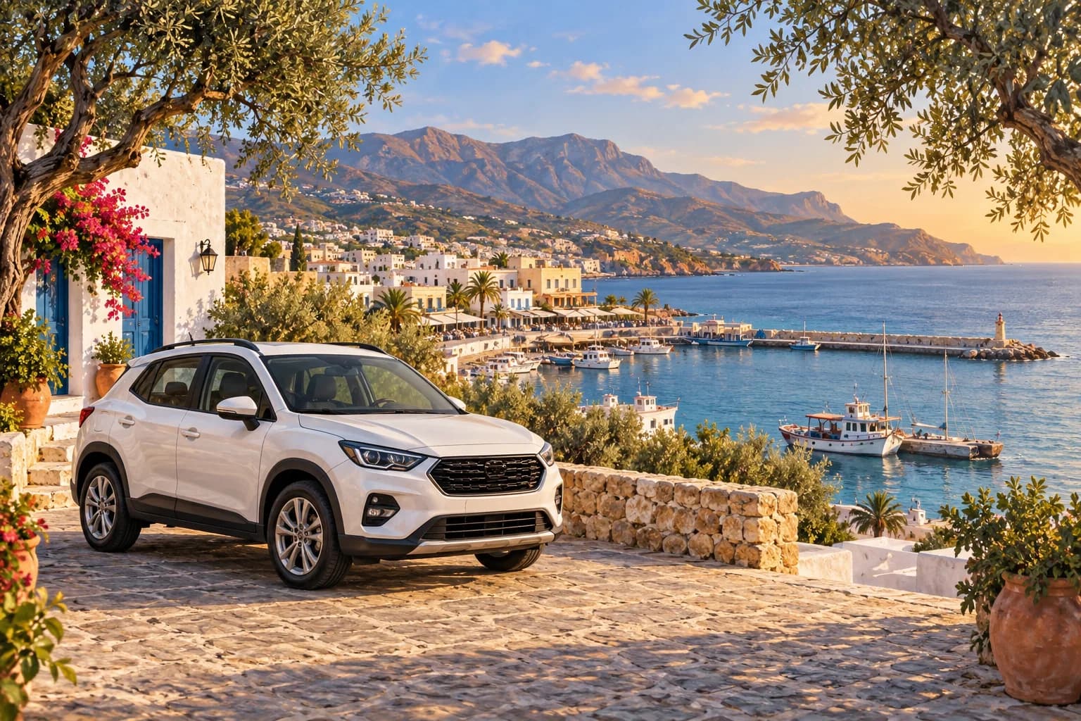 Hersonissos car hire illustration showing an ivory rental crossover parked above a blue harbour, Crete resort buildings and distant mountain slopes.