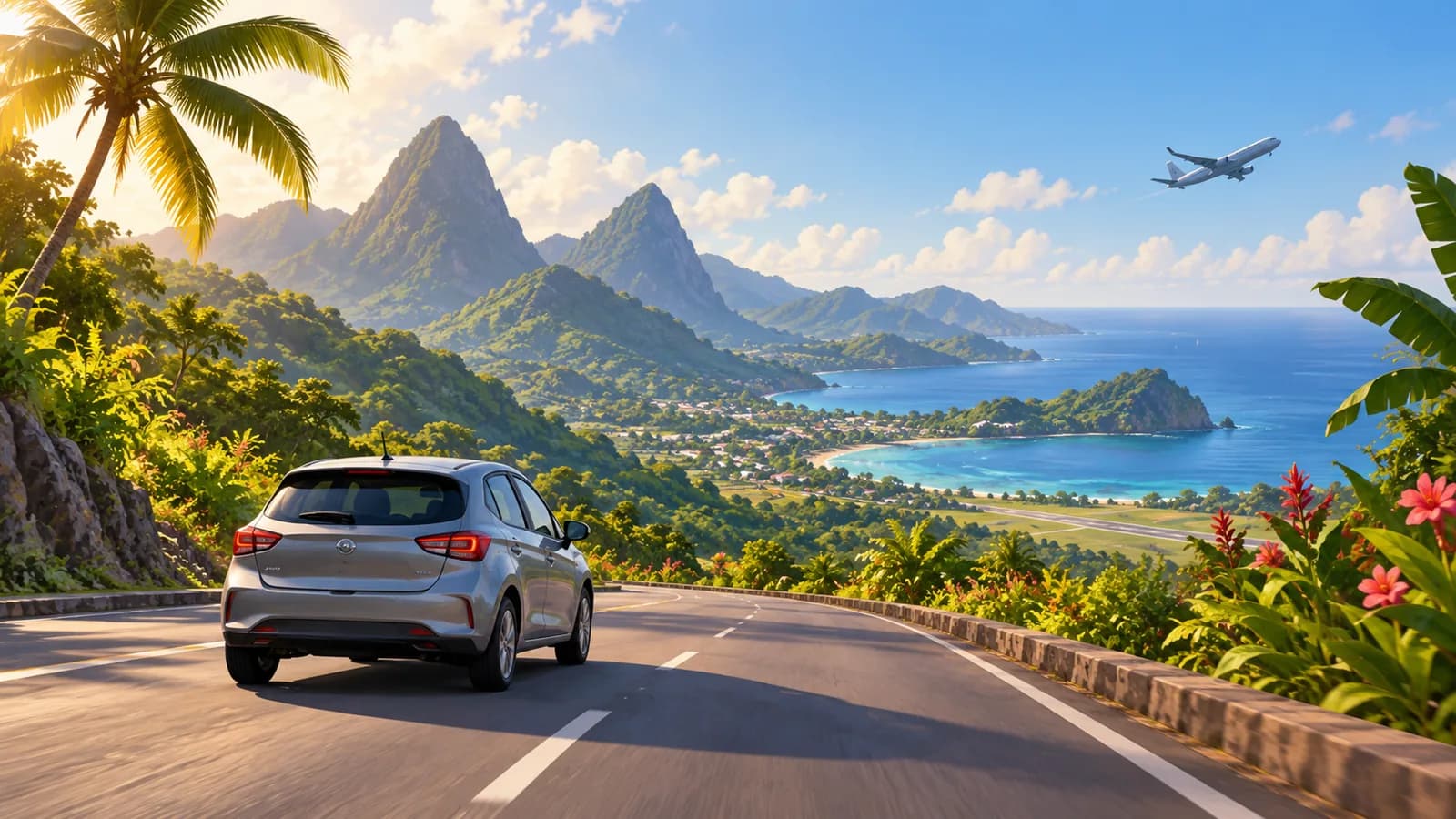 Conceptual illustration of a rental car on a Saint Lucia road with lush mountains and a coastal bay.