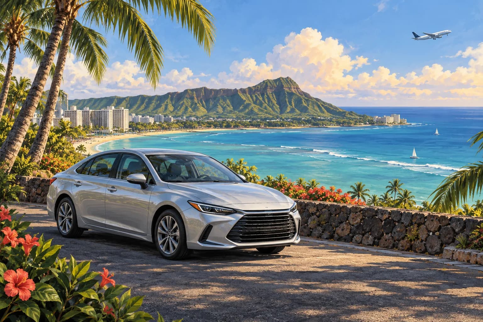 Honolulu arrival illustration showing a silver rental sedan, luggage and a palm-lined paved parking area with an aircraft and green Oahu mountains.