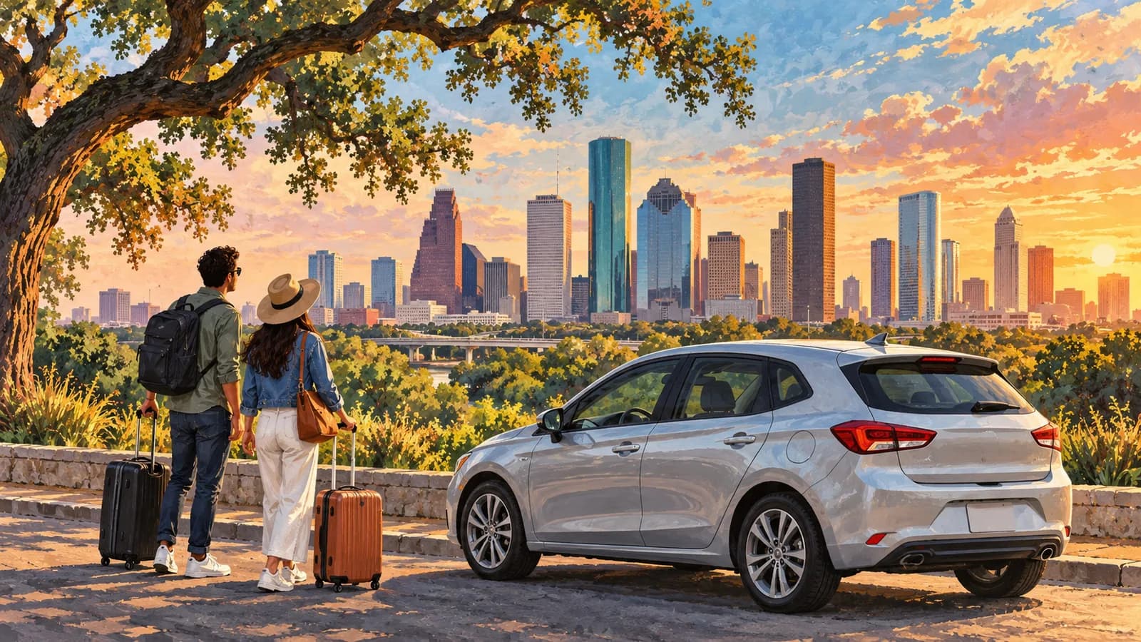 Houston travel illustration showing a silver rental hatchback and travellers with luggage beside live oak trees and a downtown skyline.