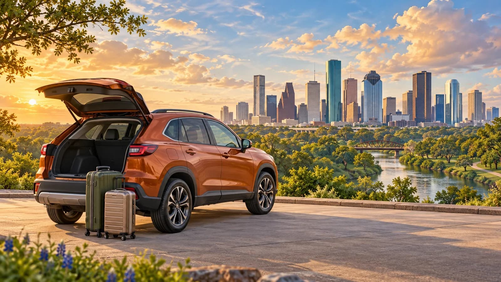 Conceptual Houston travel illustration showing a terracotta rental SUV and suitcases overlooking bayou greenery and the distant downtown skyline.