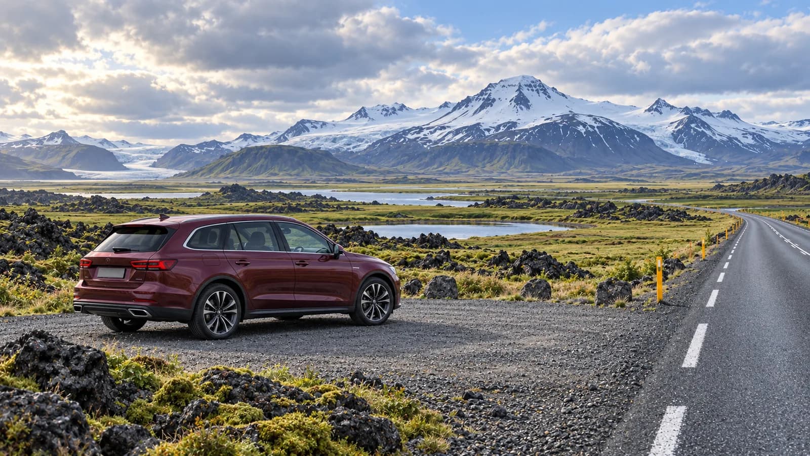 Iceland Ring Road illustration showing a burgundy SUV parked at a gravel turnout beside dark lava rock and green plains, with snow-capped mountains behind.
