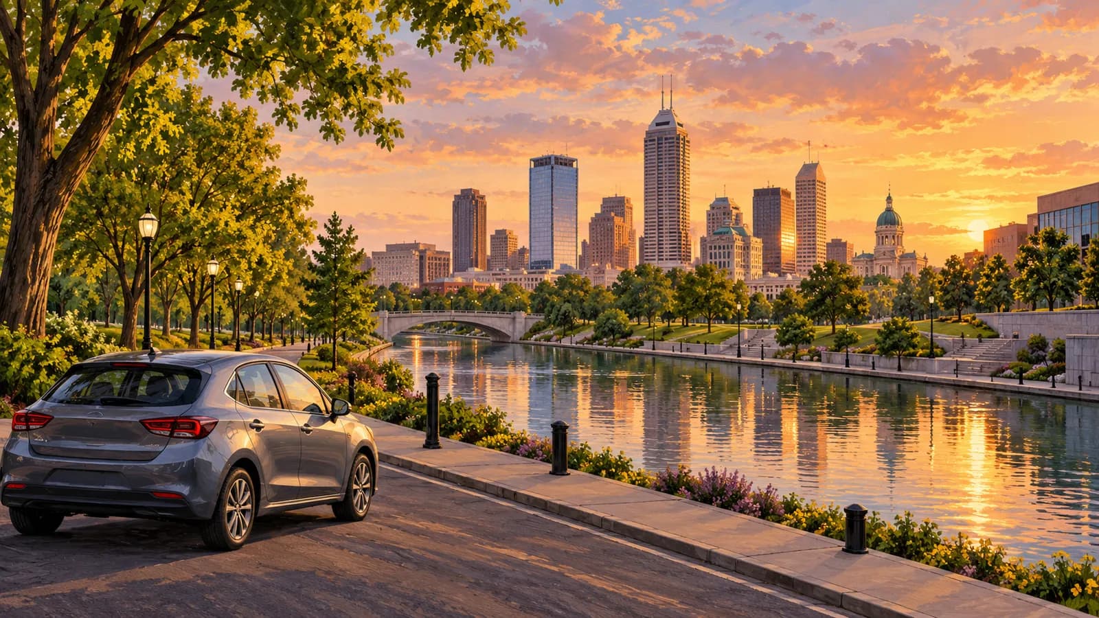 Indianapolis car rental illustration showing an unbranded car by a tree-lined canal and distant skyline.