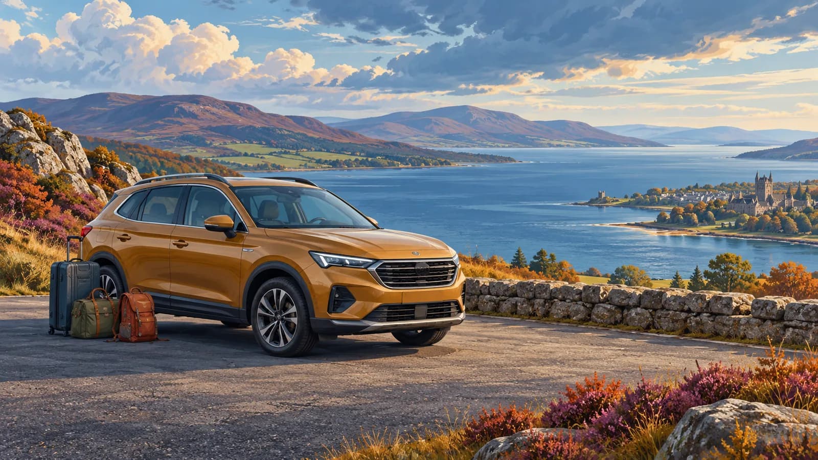 Conceptual Inverness travel illustration of an ochre rental SUV and luggage at a paved Highland viewpoint above coastal water and low hills.