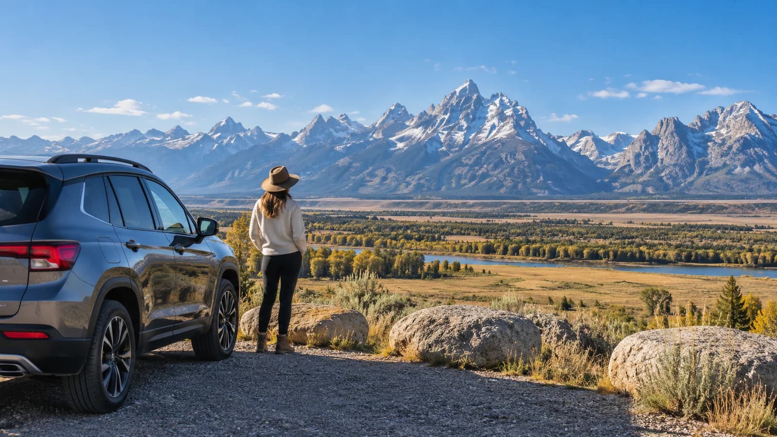 Illustration of an unbranded rental car beneath the Teton Mountains near Jackson Hole.