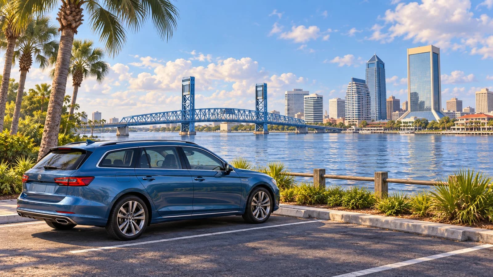 Jacksonville Florida travel illustration showing a blue rental estate car parked beside the St. Johns River, palms and the blue lift bridge.
