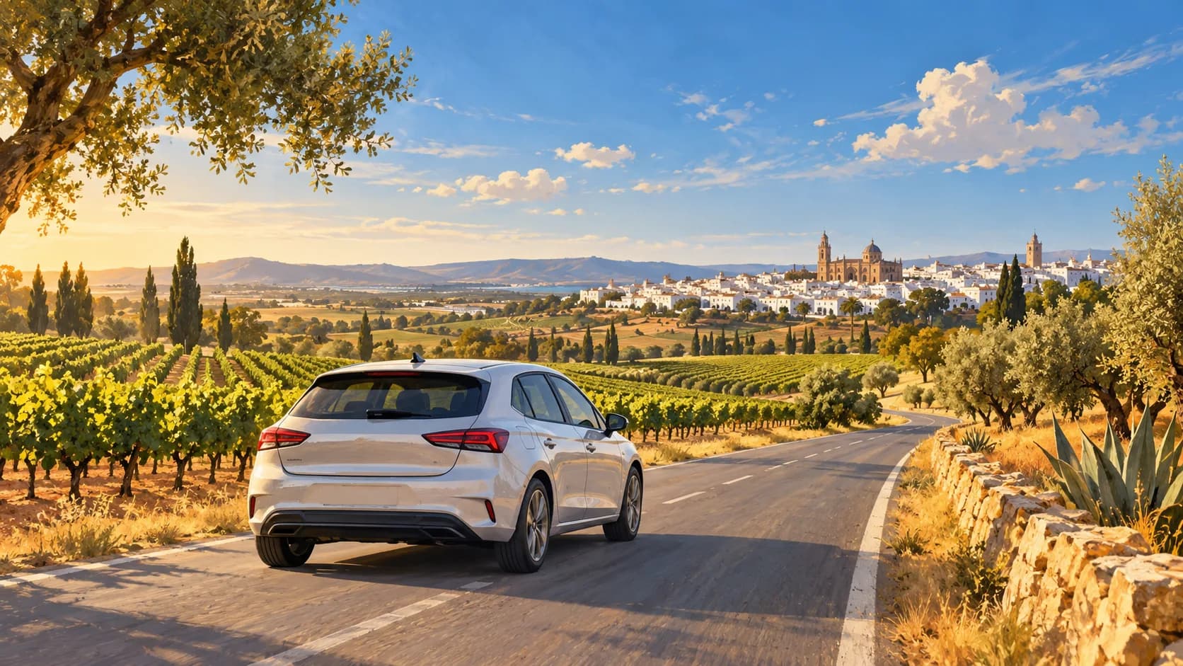 Car hire illustration showing car travelling through vineyards and warm countryside outside Jerez.