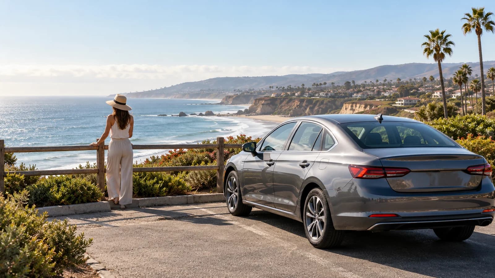 Illustration of an unbranded rental car overlooking the Orange County coast near John Wayne Airport.