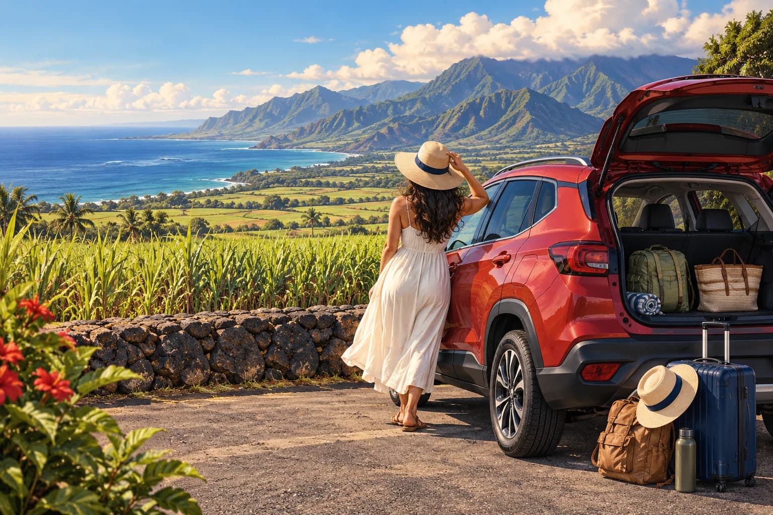 Maui arrival illustration showing a coral rental SUV, luggage and a traveller beside a paved turnout with green mountains and ocean beyond.