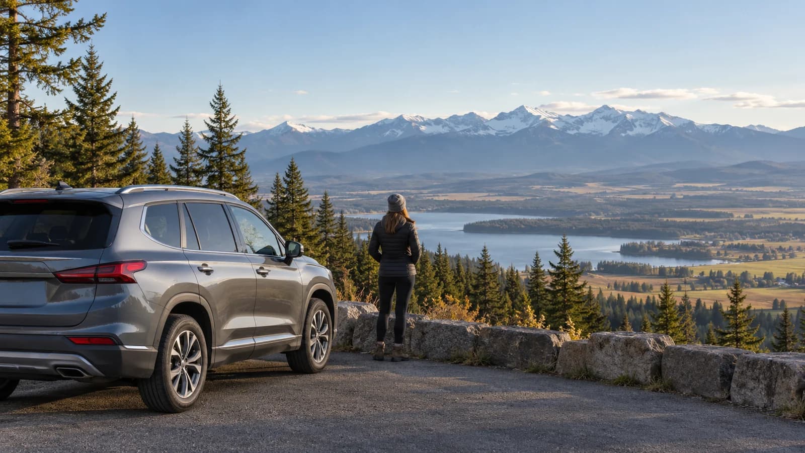 Illustration of an unbranded rental car in a Flathead Valley landscape near Kalispell.