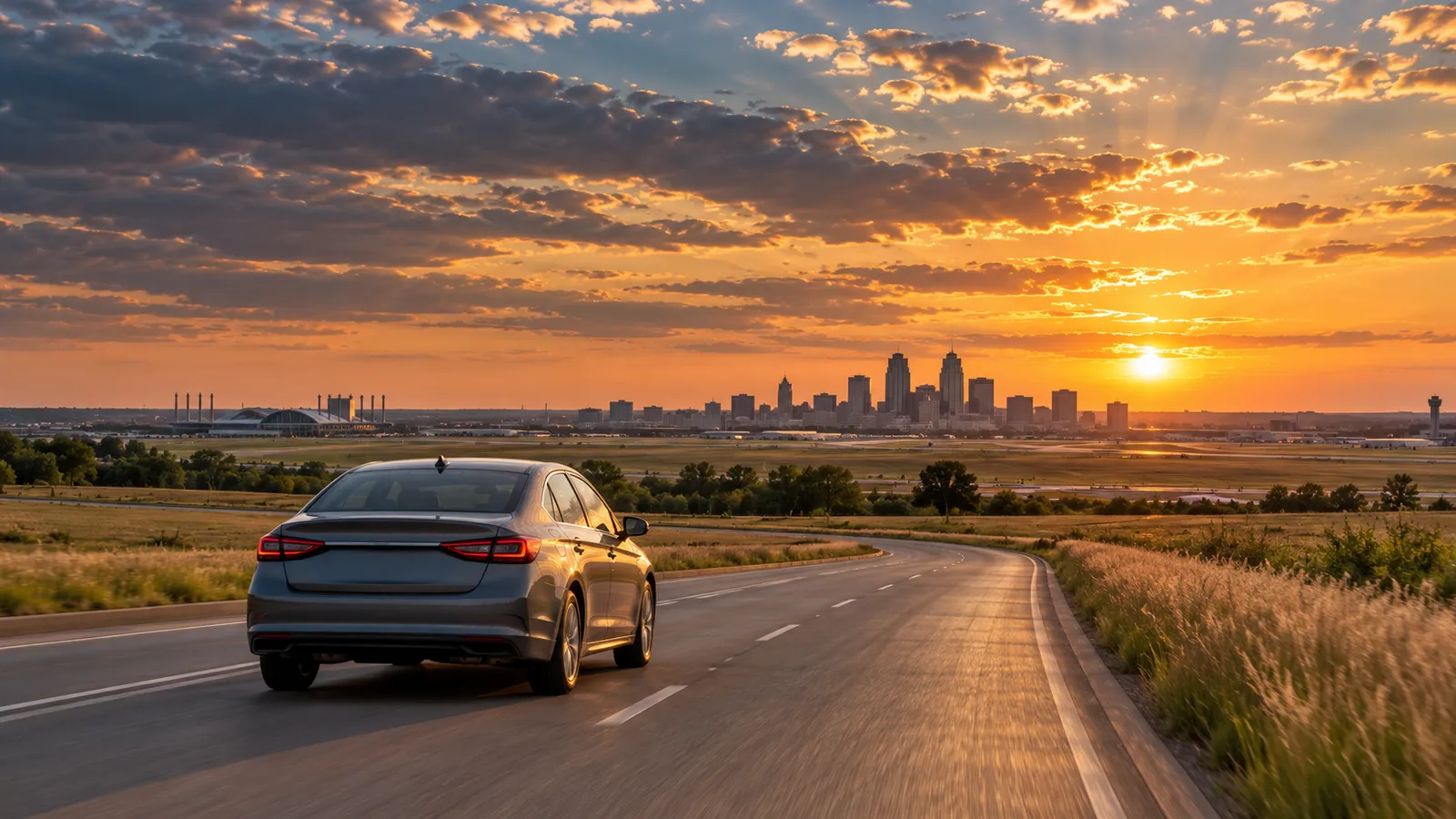 Kansas City rental car illustration with an unbranded car under a wide Midwestern sky.
