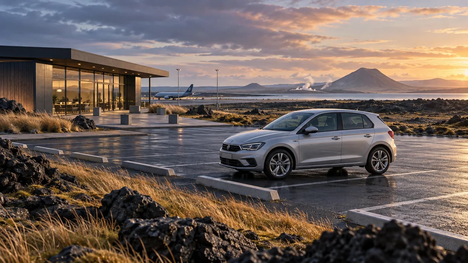 Keflavik Airport car hire illustration of a silver compact car in conceptual airport parking beside a low modern building and a lava landscape.