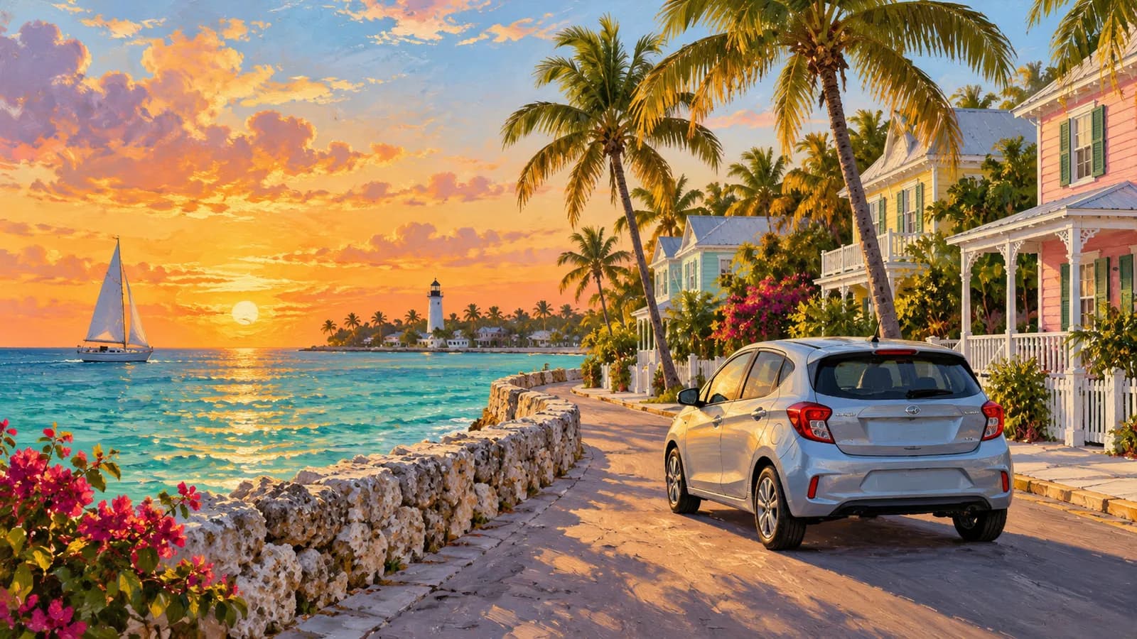 Key West car rental illustration showing an unbranded car near turquoise water, pastel houses and tropical palms.