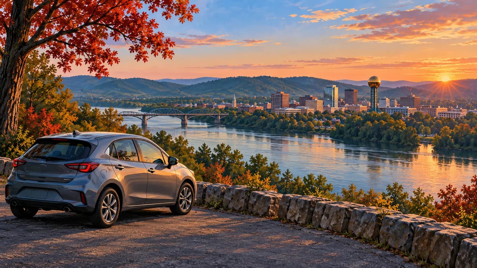 Knoxville car rental illustration showing an unbranded car by the Tennessee River with wooded hills and a distant skyline.