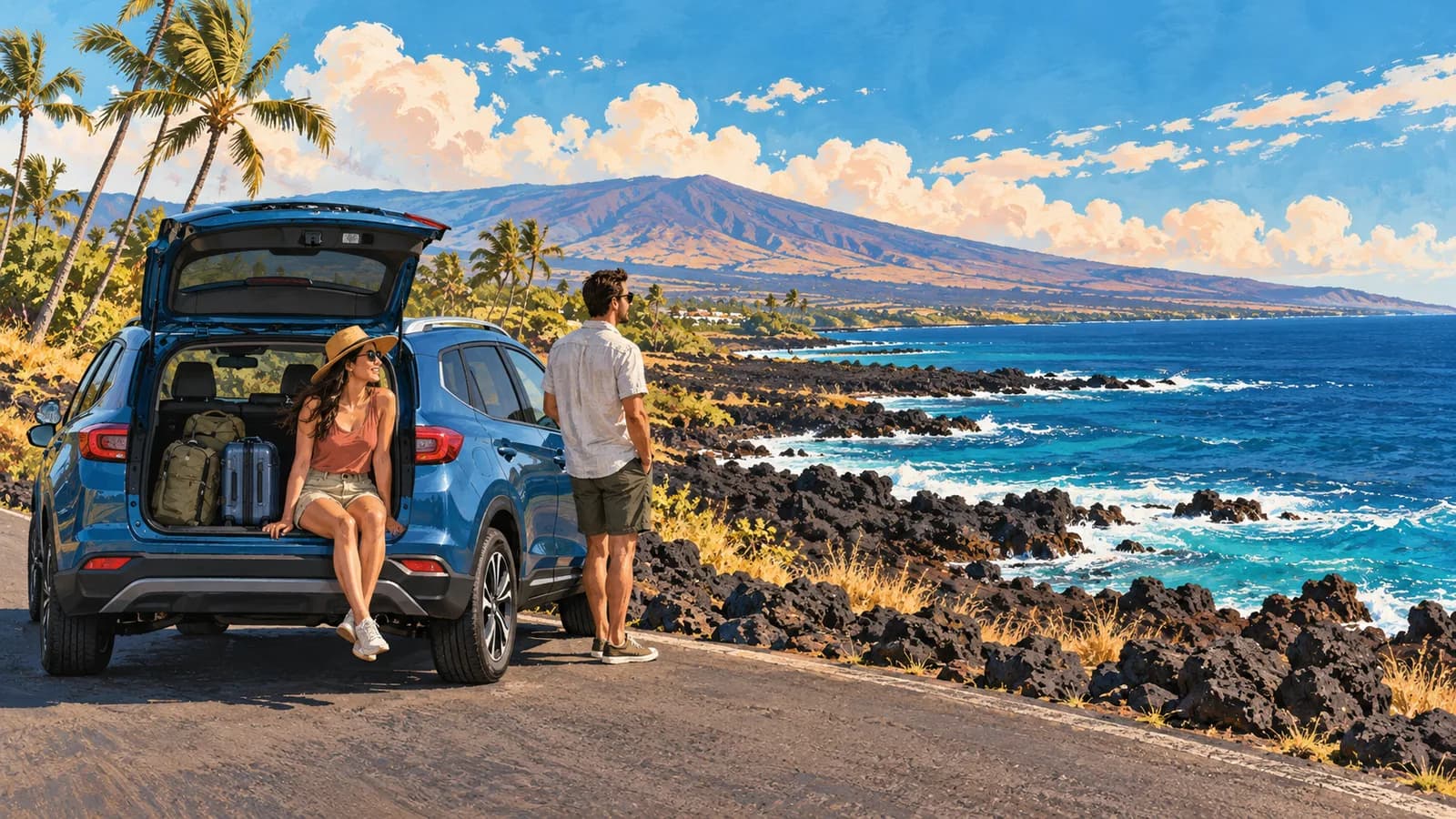 Kona travel illustration showing a blue rental SUV and travellers with luggage beside a paved road, black lava fields and the Pacific Ocean.