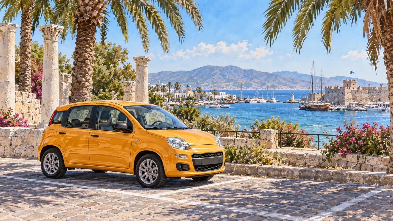 Kos car hire illustration showing a saffron compact car beside palms and stone columns near Kos harbour