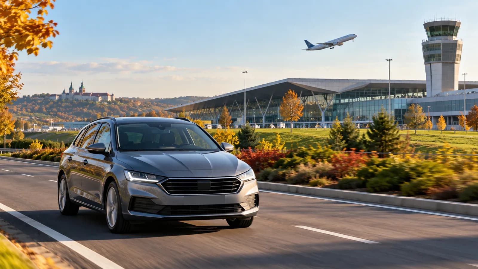 Conceptual Kraków Airport travel illustration showing a silver car on a paved road with terminal buildings and autumn trees.
