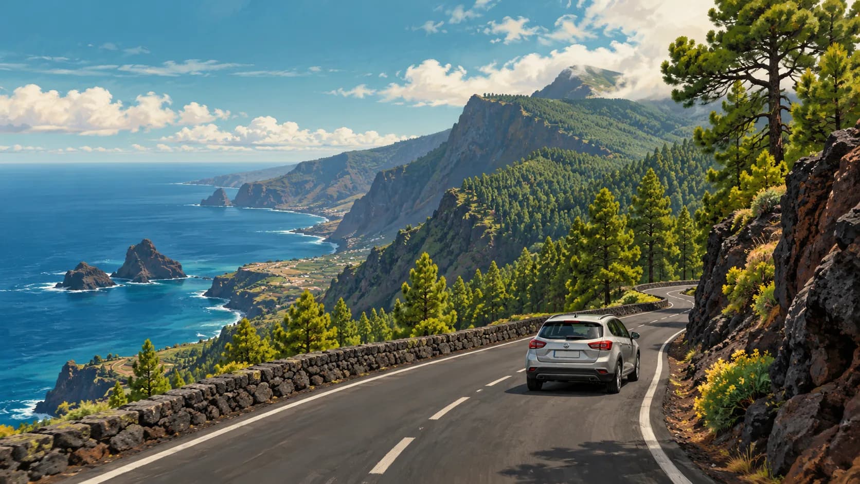 Car hire illustration showing car on a paved La Palma road above volcanic coastline and Canary pines.